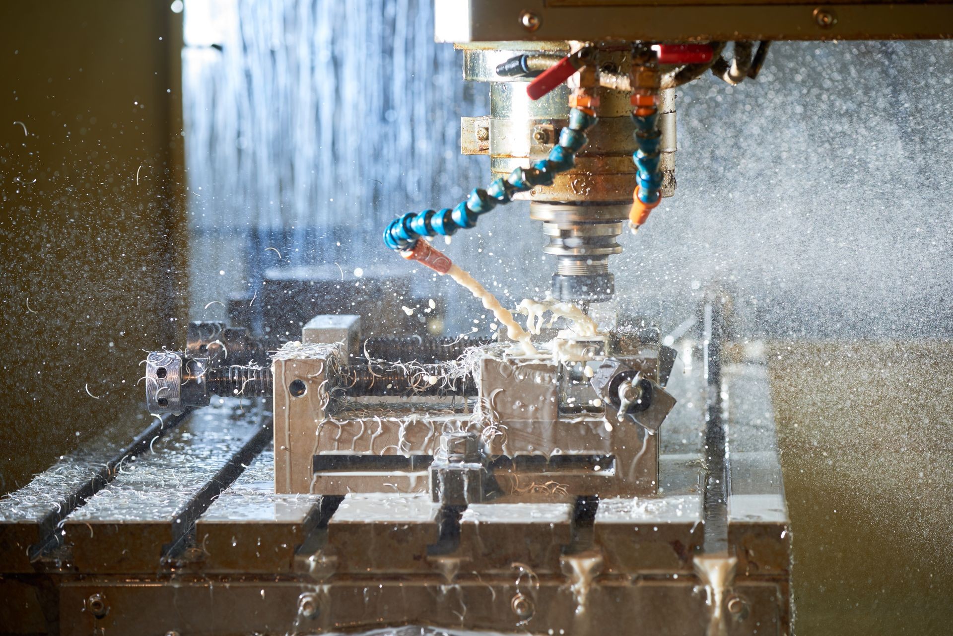 Metalworking CNC milling machine. Cutting metal modern processing technology.Milling metalworking process. Industrial high precision CNC metal machining by vertical mill. Metalworking CNC milling machine. Cutting metal modern processing technology.Milling metalworking process. Industrial high precision CNC metal machining by vertical mill.